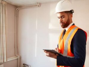 home inspector wearing orange safety vest